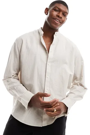 SELECTED Oversized linen mix grandad collar shirt in beige