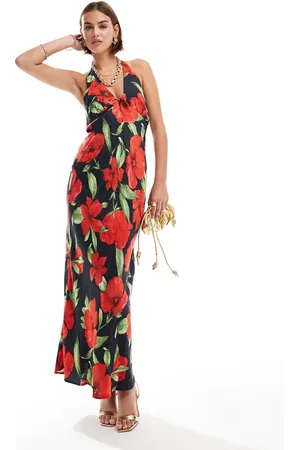 MANGO Halterneck flower midi dress in and red