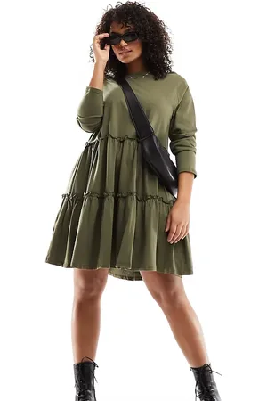 River Island Long sleeved tiered smock dress in khaki