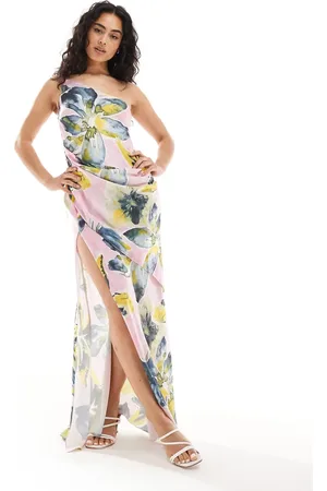 ASOS Satin one shoulder draped maxi dress with thigh split in floral print