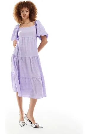 Monki Tiered midi dress with open back in lilac