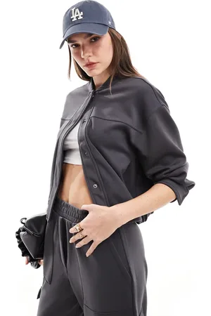 MANGO Knitted co-ord bomber jacket in charcoal