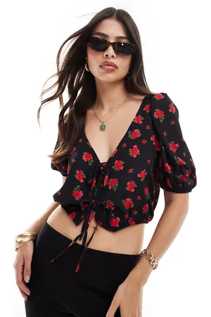 Brave Soul Puff sleeve floral printed crop top with tie front detail in
