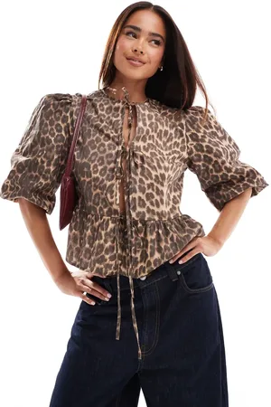 ASOS Cotton poplin peplum tie shirt top in leopard print