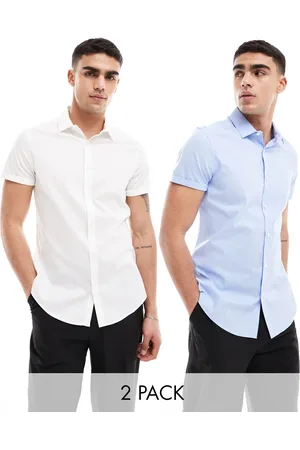 ASOS 2 pack stretch slim fit work shirt in white/blue