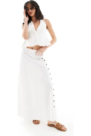 SNDYS Linen look button detail thigh split maxi skirt co-ord in