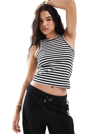 Pieces® Ribbed racer neck top in mono stripe