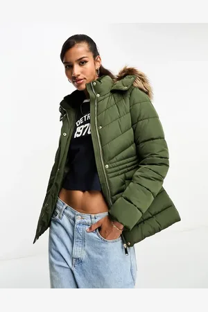 New Look Puffer jacket with faux fur hood in khaki