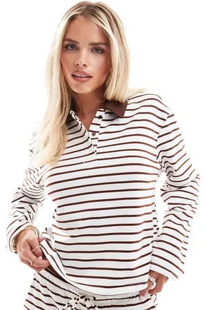 VERO MODA Jersey polo top co-ord in cream and stripe