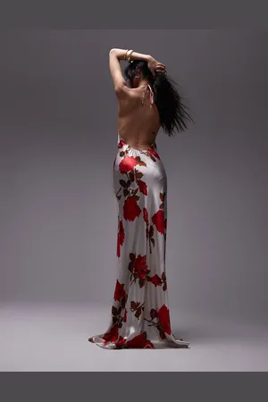 Topshop Halterneck maxi bias in ivory rose print