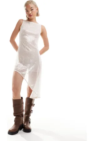 COLLUSION Sheer sequin asymmetric mini dress in ivory