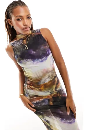 ONLY Sleeveless mesh midi dress in galaxy print