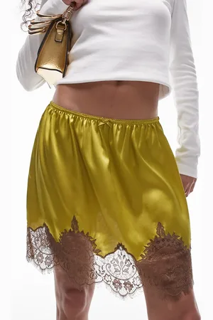 Topshop Satin lace petticoat mini skirt in chartreuse with brown lace