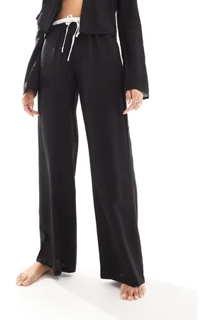 Kaiia Linen contrast trim wide leg drawstring beach trousers co-ord in