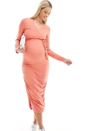 Mama;licious Mamalicious Maternity ribbed jersey 2 function nursing wrap dress in coral