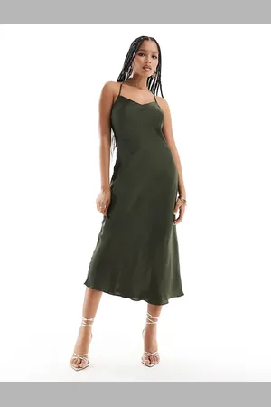 New Look Cross back satin slip dress in dark khaki