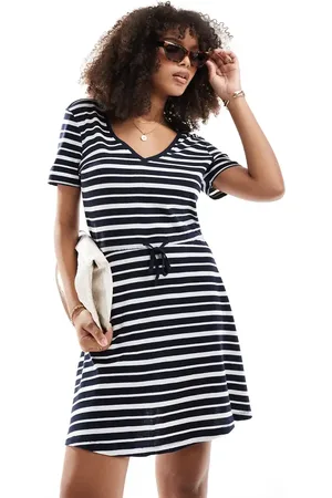 ONLY V neck tie waist mini dress in white stripe