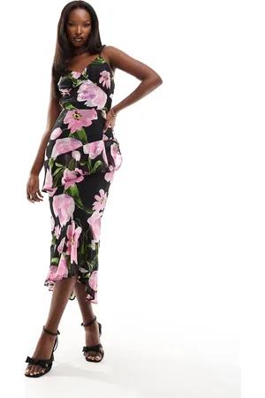 Ax Paris Asymmetric ruffle trim cami midaxi dress in and pink floral