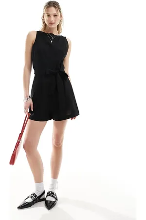Monki Beach linen sleeveless playsuit with tie belt detail in