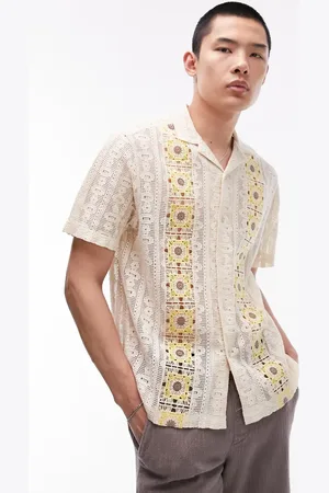 Topman Short sleeve crochet front panel floral shirt in stone