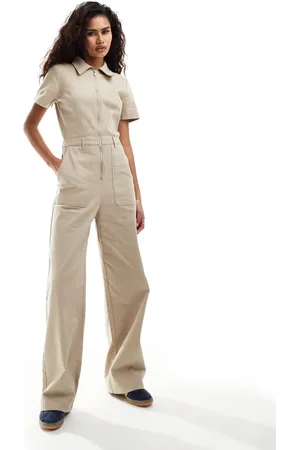 Monki Wide leg jumpsuit with zip front in beige