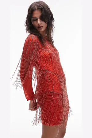 Topshop Long sleeved chevron beaded fringe mini dress in