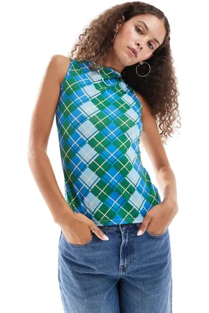 Daisy Street Slinky fitted vest in blue green argyle