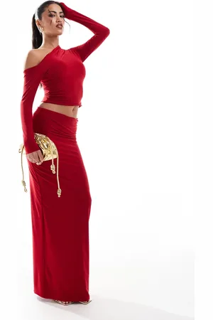 Kaiia Slinky ruched folded waist column maxi skirt co-ord in red