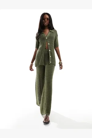 In The Style Crochet wide leg trouser co-ord in olive