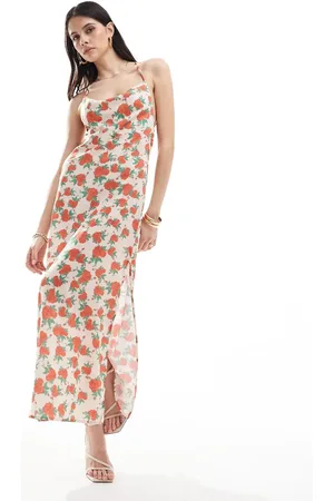 VILA Satin low cowl back cami maxi dress in rose print