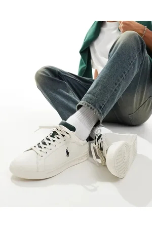Ralph Lauren Heritage court leather trainer with navy green mix logo in