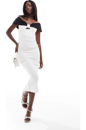Vesper Bardot contrast bow front detail midaxi dress in