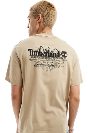Timberland Large mountain back print oversized t-shirt in beige Exclusive to Asos