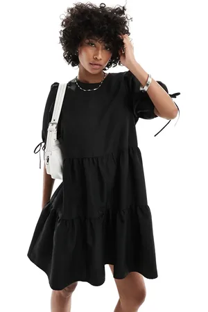 Monki Short sleeve mini tiered dress with bow detail in
