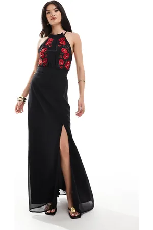 HOPE & IVY High neck embroidered maxi dress with split in