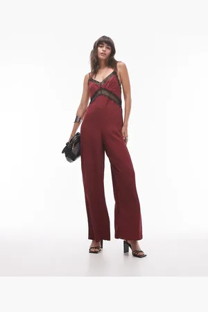 Topshop Midi jacquard jumpsuit in burgundy with black lace bust dress