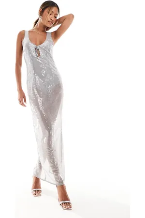 Kaiia Sheer sequin sleeveless tie front maxi dress in