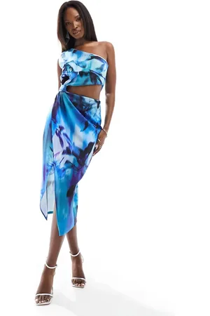 True Violet One shoulder wrap midi dress with cut out in floral