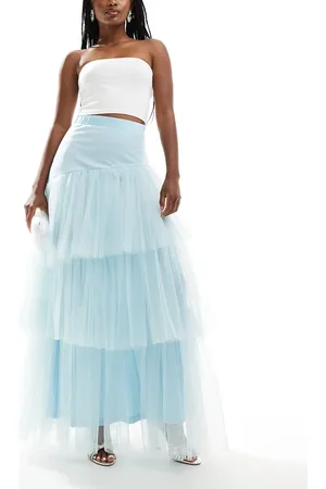 Lace & Beads Asymmetric tulle maxi skirt in sky