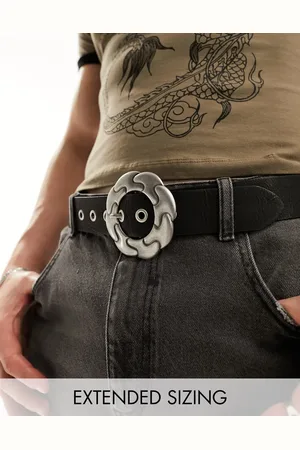 ASOS Faux leather belt with 90s gothic buckle in distressed