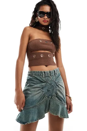 The Kript Frill detail mini skirt in dirty wash denim