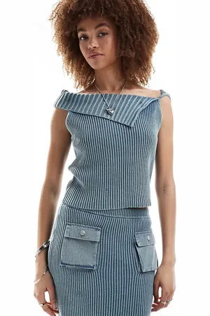 Reclaimed Knitted off shoulder in acid wash co-ord in blue