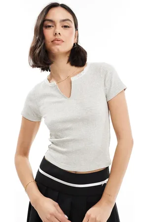 Miss Selfridge Short sleeve notch front rib t-shirt in marl