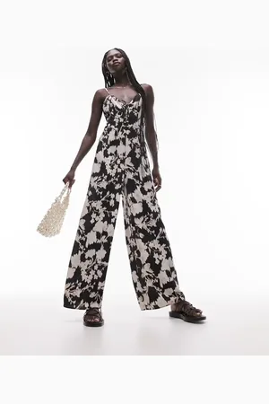 Topshop Printed lace up jumpsuit in mono floral