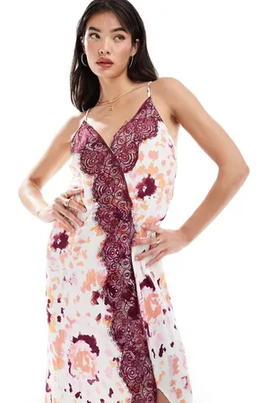 Y.A.S Y.A.S satin cami maxi dress with lace detail in abstract animal print