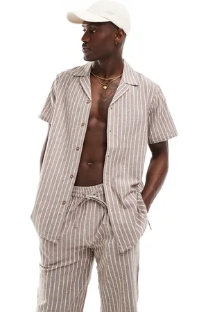 South Beach Linen stripe short sleeve beach shirt in and white