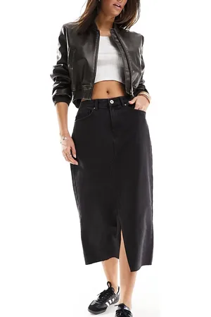Pieces® Front split denim midi skirt in washed