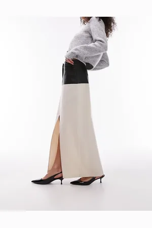 Topshop Twill maxi skirt in cream with contrast PU trim in black