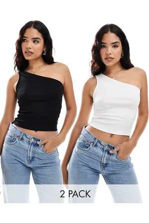 Miss Selfridge 2 pack rib one shoulder top in black and white