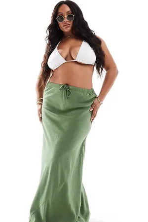 ASOS ASOS DESIGN Curve linen look tie waist bias maxi skirt in khaki